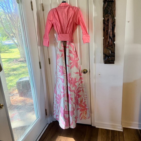 Teri Jon by Rickie Freeman Floral Taffeta Shirt Dress Gown Salmon Pink 4 - Picture 13 of 14